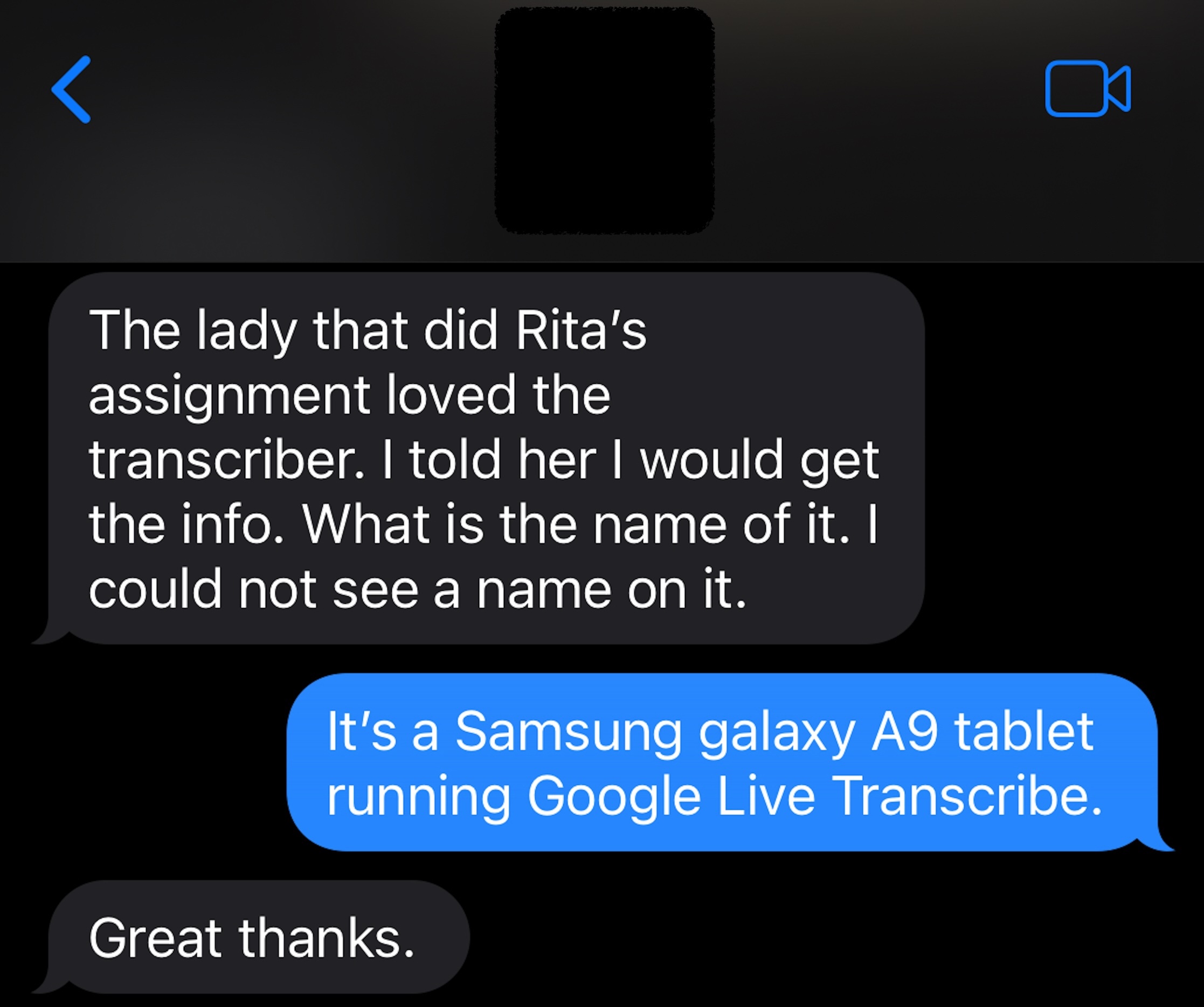 A screenshot of a text message.